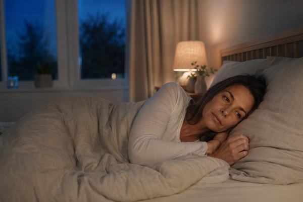 Frau liegt nachts wach im Bett als Symbol für Schlafstörungen und Insomnie